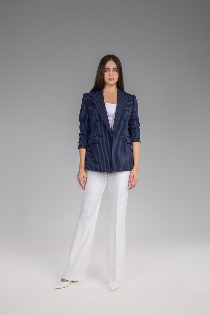 Navy Striped Structured Blazer - Tailored Women's Formal Jacket