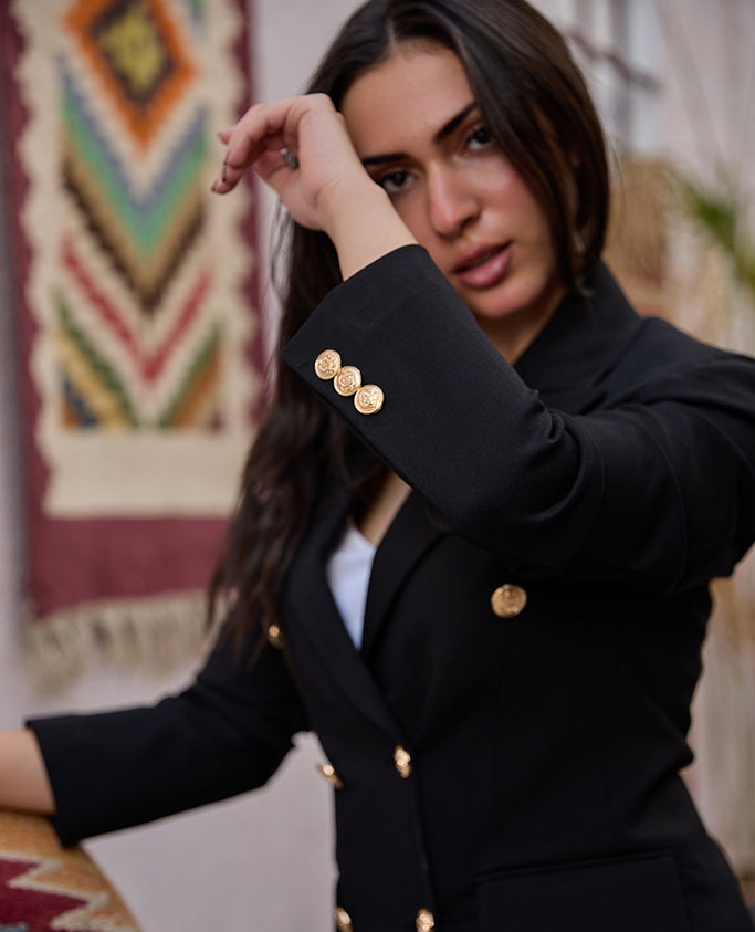 Onyx Double-Breasted Blazer with Gold Buttons - Tailored Lycra Suit Jacket