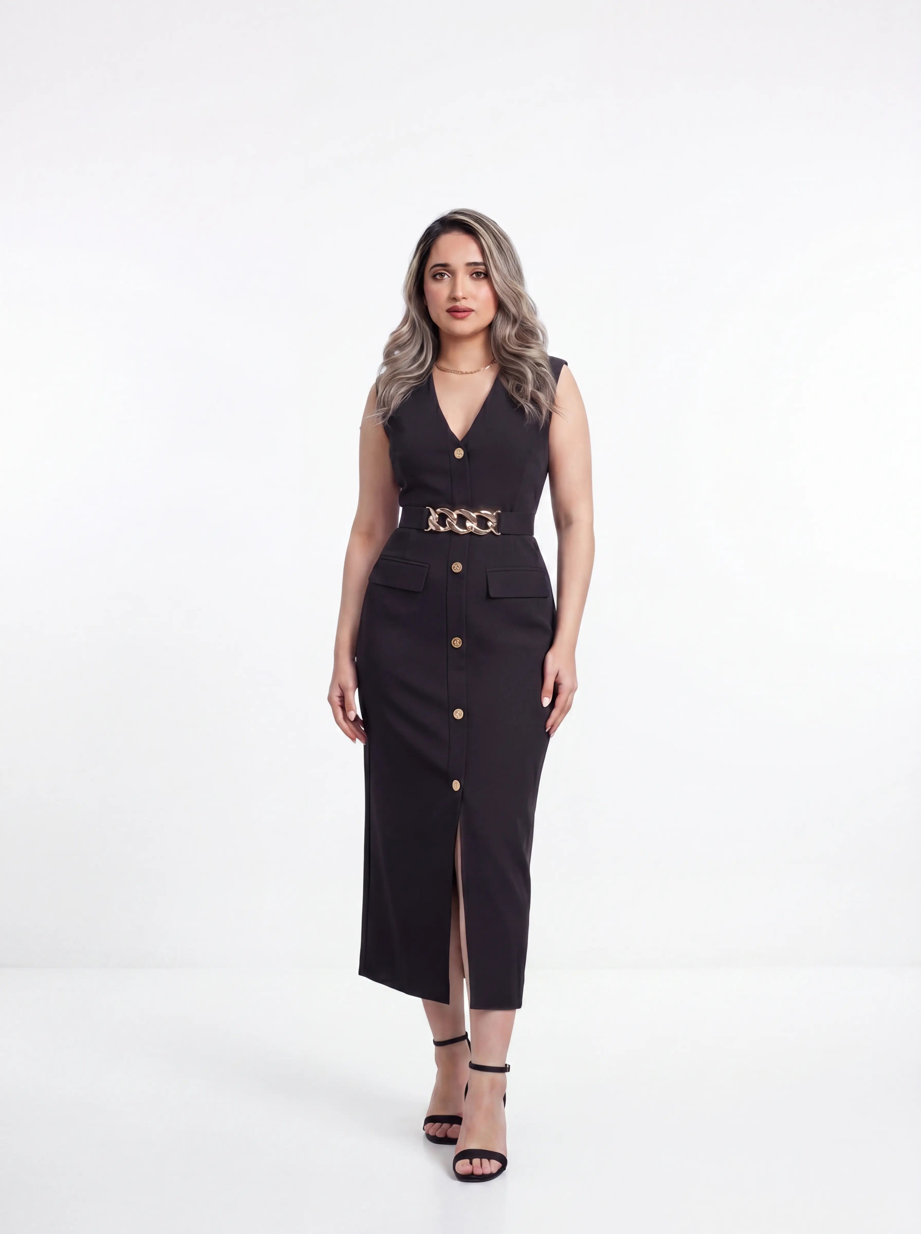 Noir Golden Button Dress - Sleeveless Tailored Midi with Chain Belt
