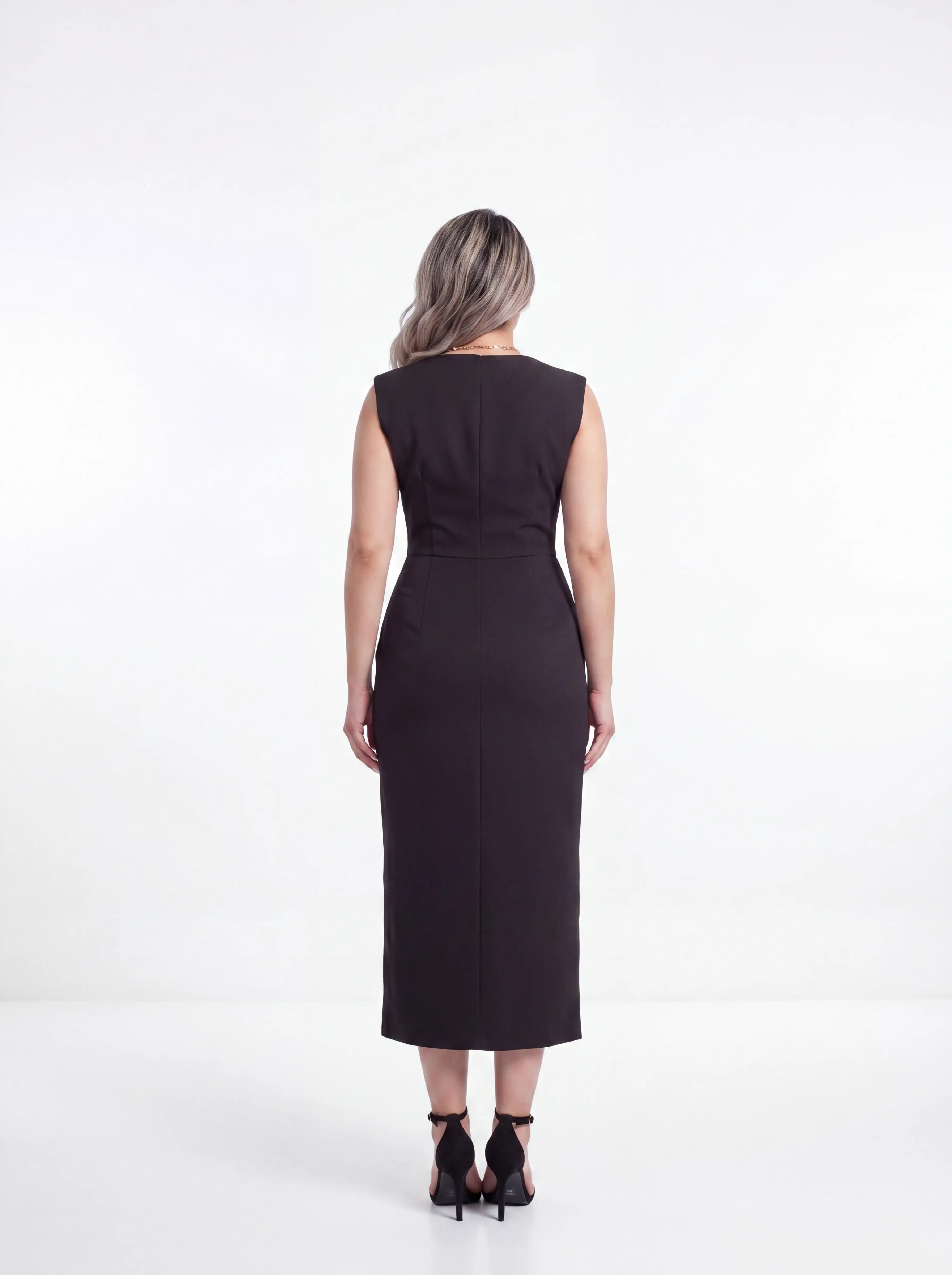 Noir Golden Button Dress - Sleeveless Tailored Midi with Chain Belt