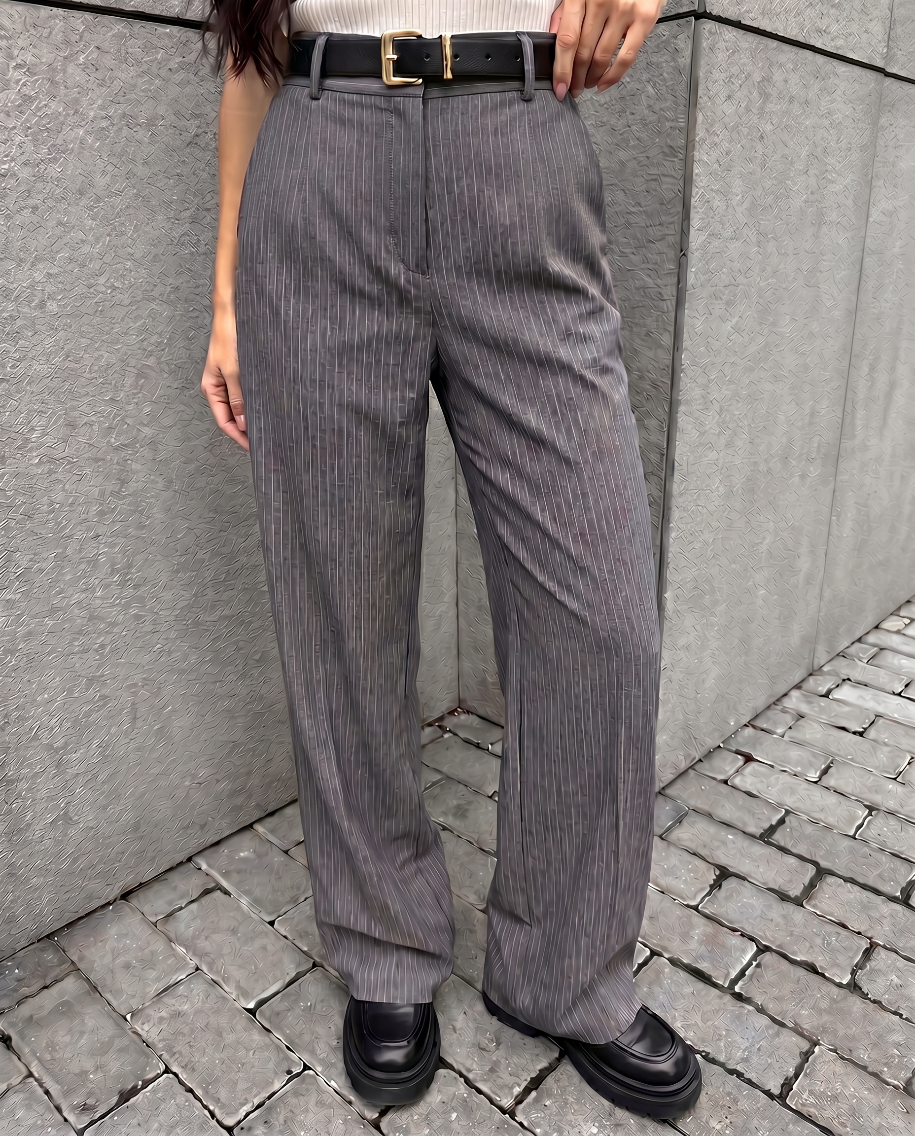 Sulya Grey Pinstriped Straight Cut Trousers