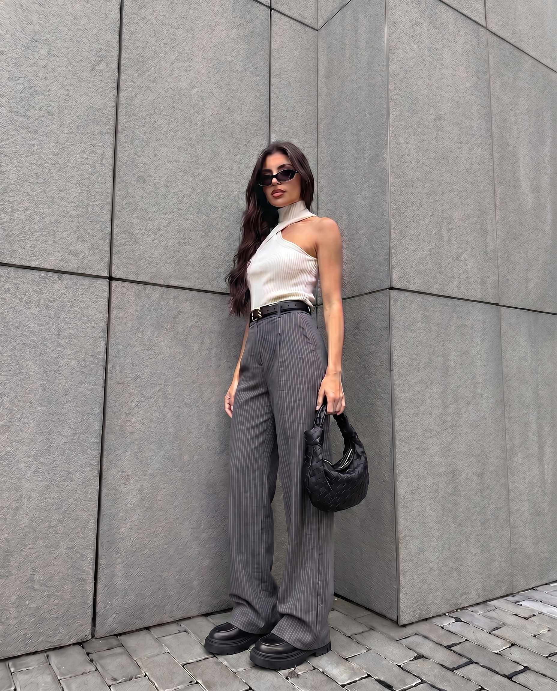 Sulya Grey Pinstriped Straight Cut Trousers