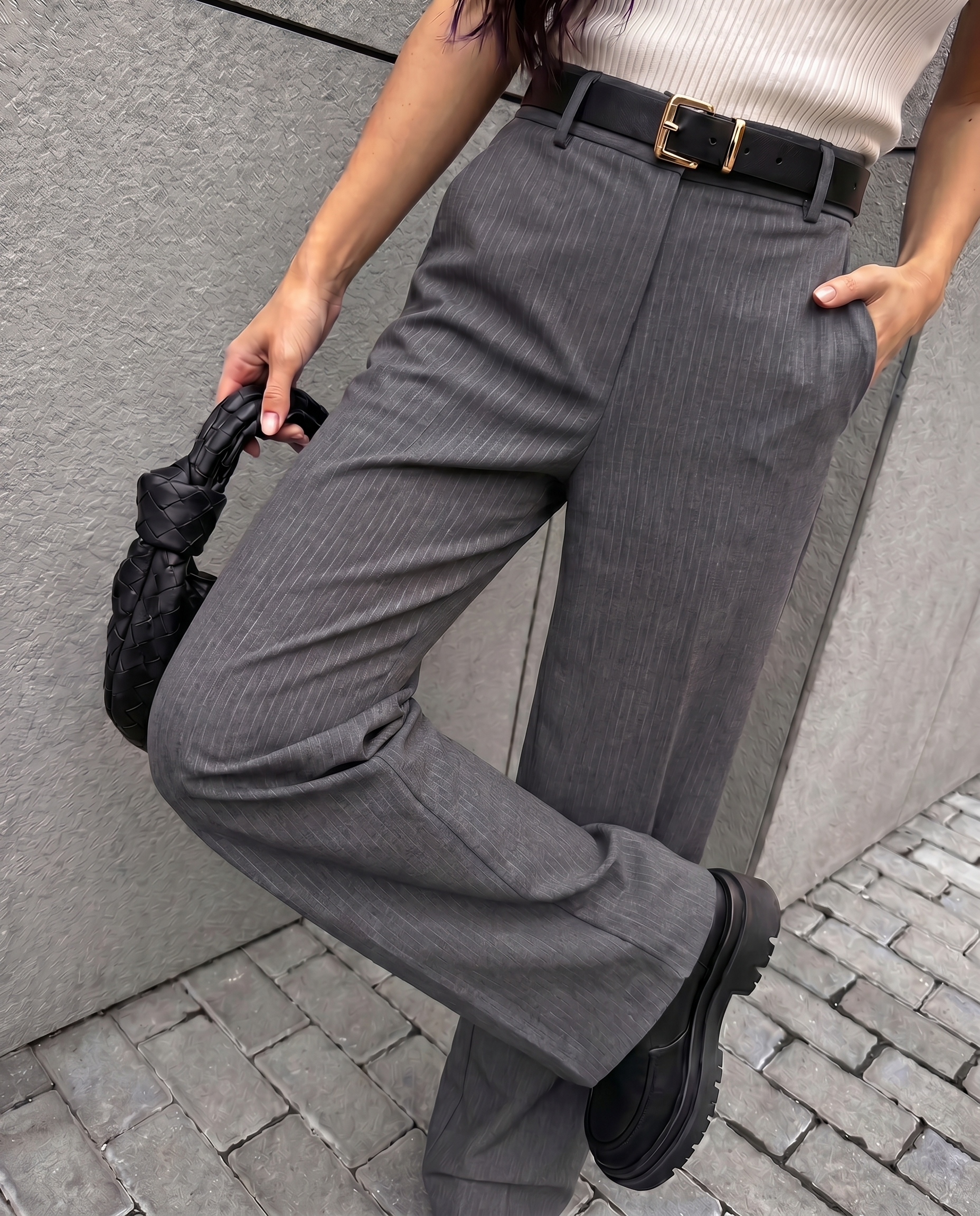 Sulya Grey Pinstriped Straight Cut Trousers